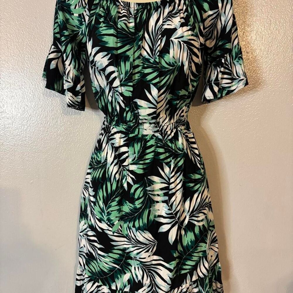 New Look Tropical Paradise Leaf Print Ruffle Dress L